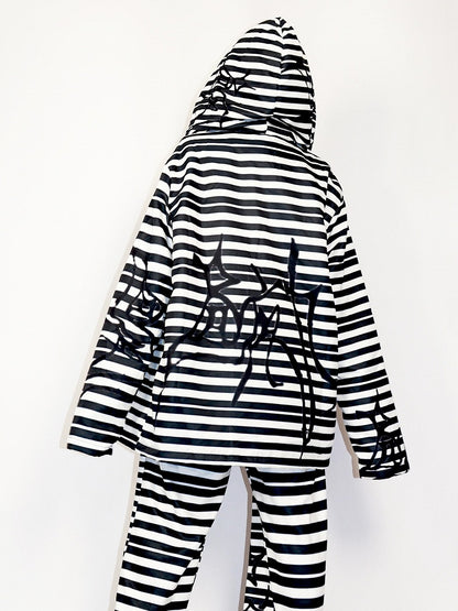 Hoodie Oversized Gyaru BlackWhite Pattern Fashion Zip Striped Closure