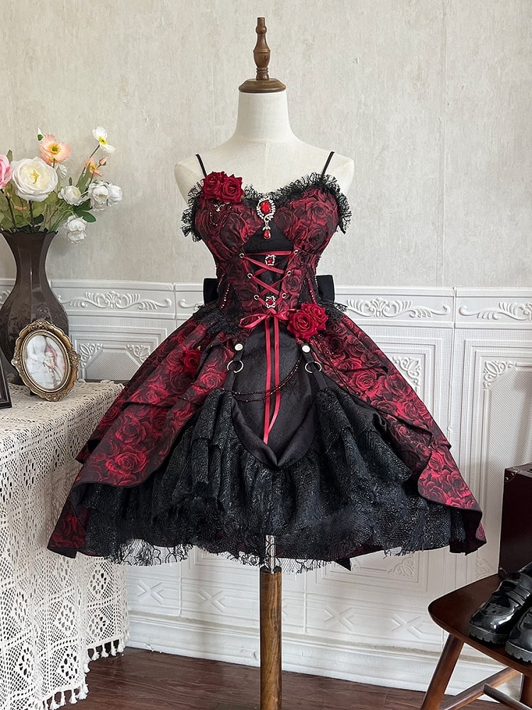 Black and Red Gothic Rosette Fabric High-low Skirt Dress Lolita JSK with Sleeves and Collar