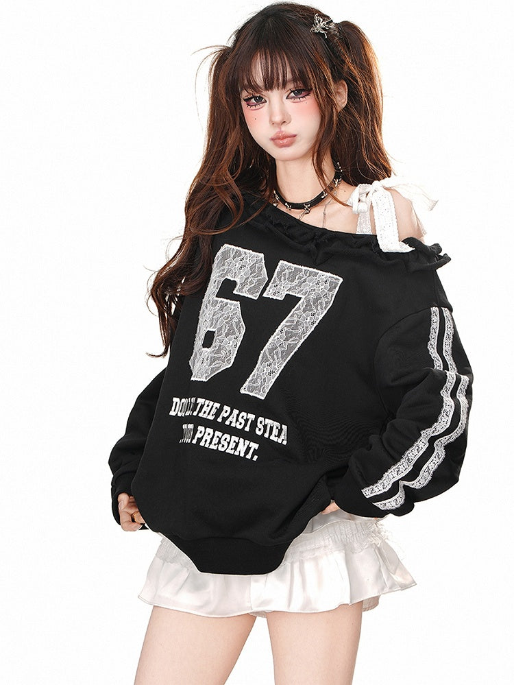 Black/Grey Lace Appliques Asymmetrical Neckline Sweatshirt
