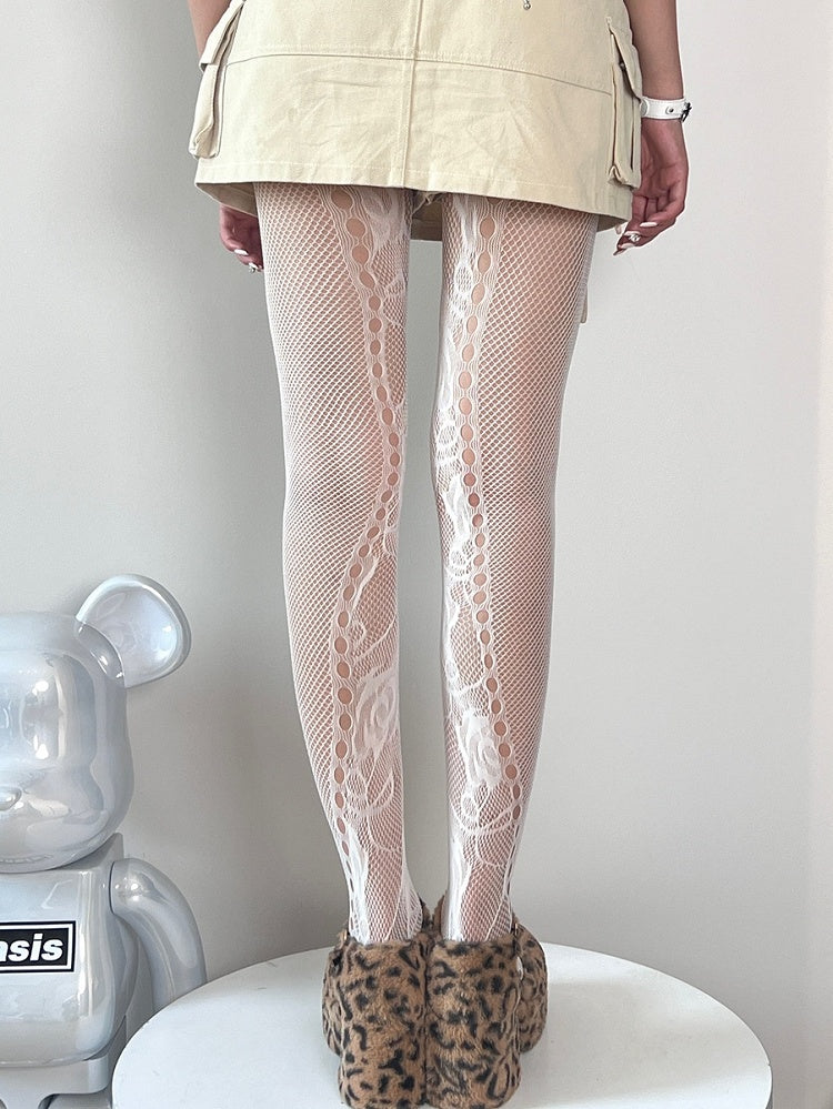 Black/White/Brown Y2K Cut-out Design  Floral Pattern Tights