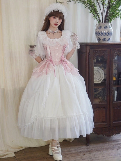 Corset Details Boned Jacquard Pink Lace-up