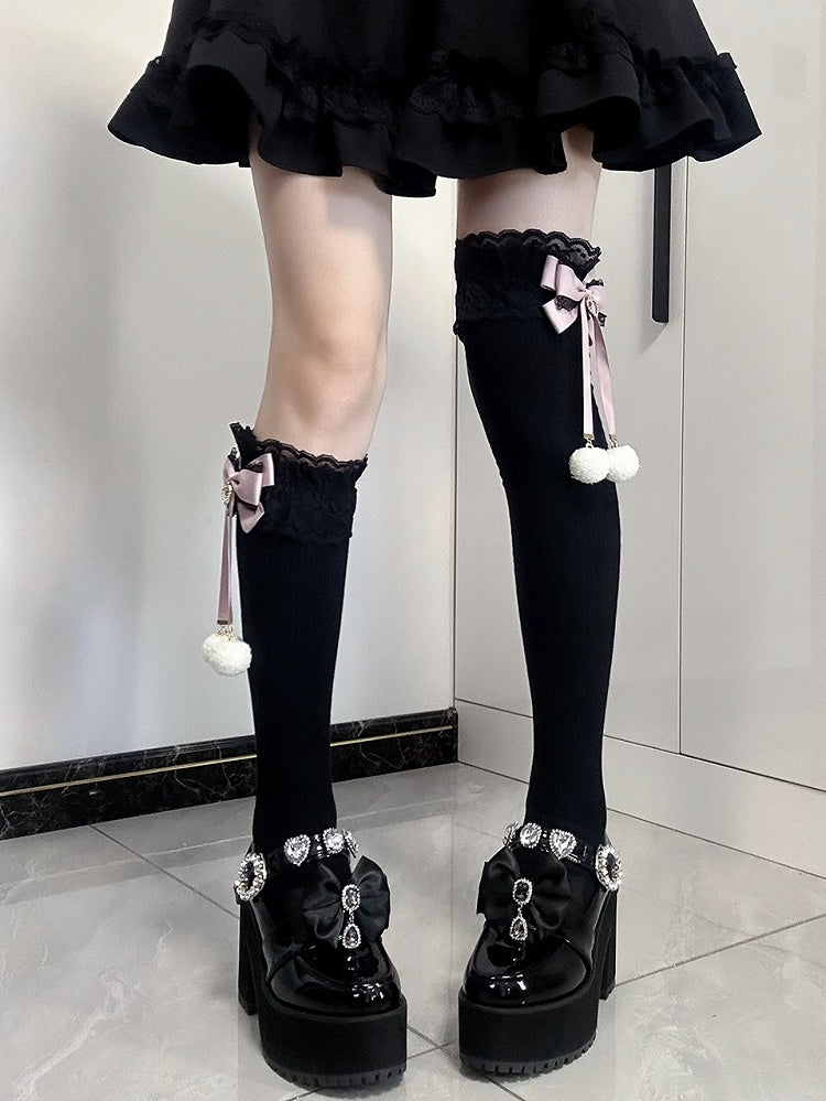 Jirai Kei Pompom Details Lace Cuffs Bowknots Underknee Stockings