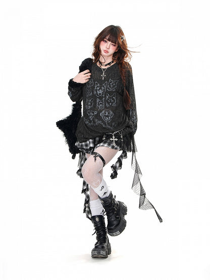 Neck Puppy Round Semi-sheer Top and Kitty Print Loose Black/Beige