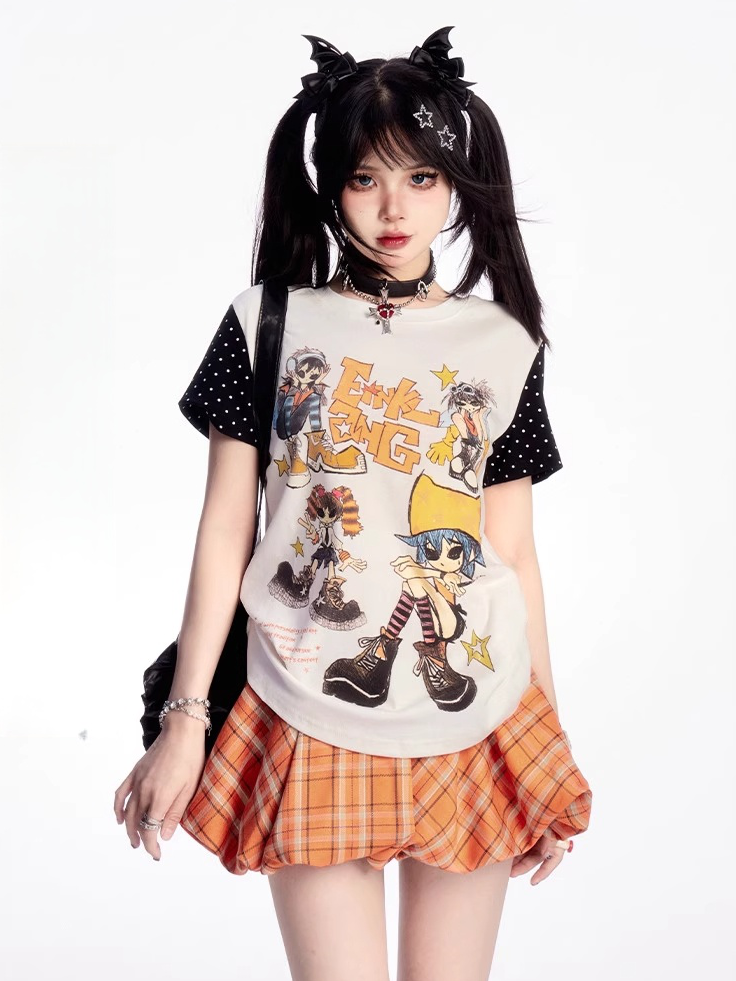 Black and Design Y2K Cartoon Print T-shirt Colorblock White