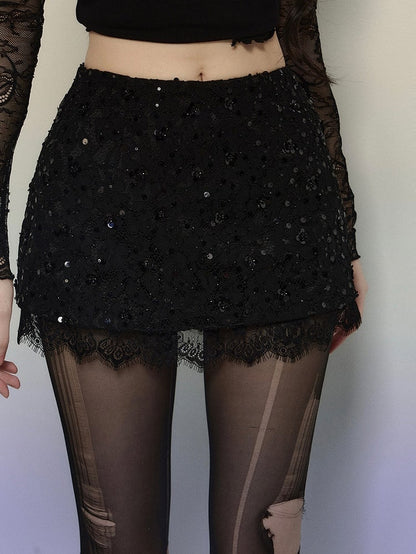 Black Sequins Detail Lace Trim Mini Skirt