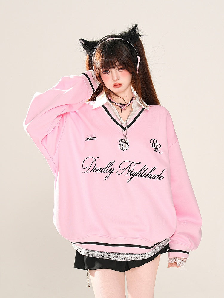 Apricot/Pink Polo Collar Letter Embroidery Spring Loose Sweatshirt Faux Two-pieces