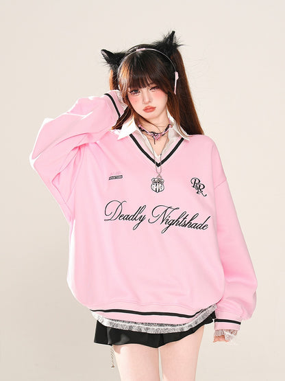 Apricot/Pink Polo Collar Letter Embroidery Spring Loose Sweatshirt Faux Two-pieces
