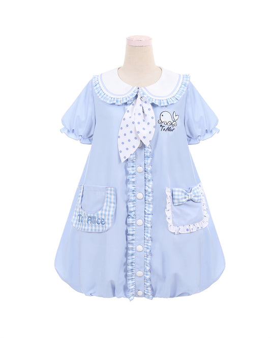 Robe à col Peter Pan bleu avec nœuds et jupe bouffante à motif baleine