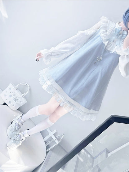 Jirai Kei Light Blue Lace Patch Shoulders Landmine Style Lace Trimmed Long Sleeve Dress