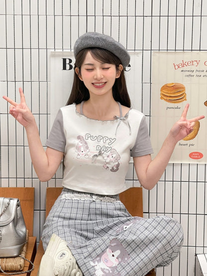Gray Adorable Puppy Print Bowknot Long/Short Detail Version T-Shirt