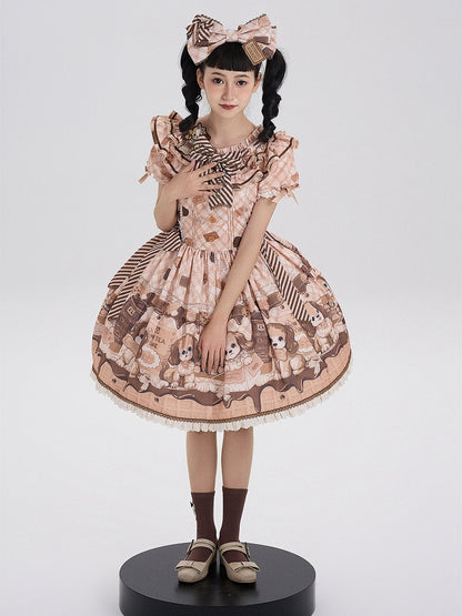 Puppy and Biscuit Print Yellow Sweet Lolita Short Sleeves Dress