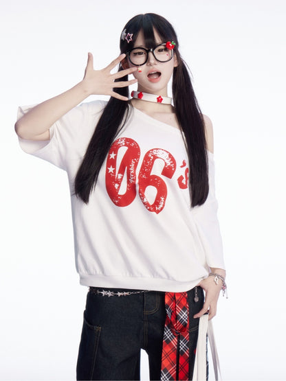 Vintage Number Print White Asymmetrical Neckline T-shirt