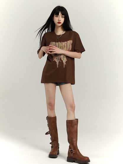 Dunkelgrau/Braun/Schwarz/Weiß Vintage Loose T-Shirt mit Schmetterlingsdruck