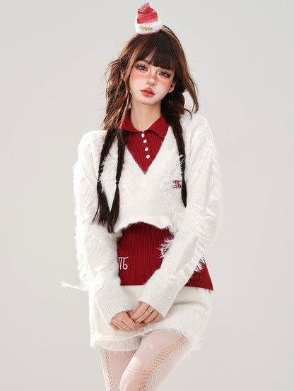 V-neck Mini Top Cropped + Skirt + White Knit White Set Sweater Red