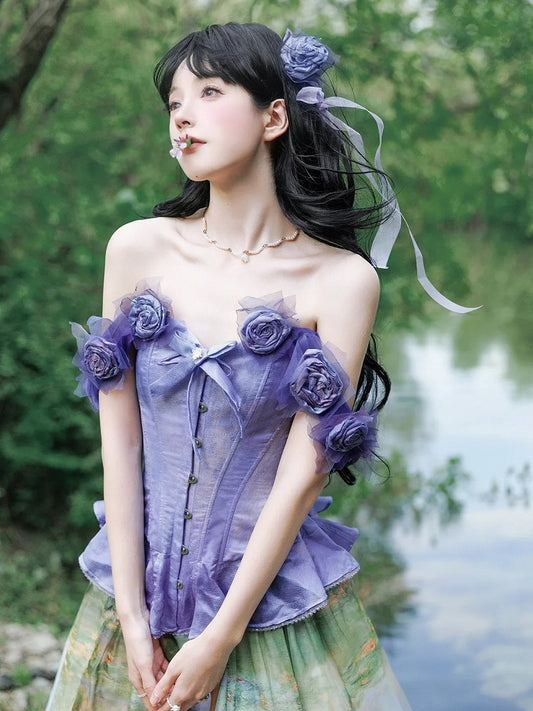 Boned Corset Top with Detachable Floral Adornments Purple Flounce Hem