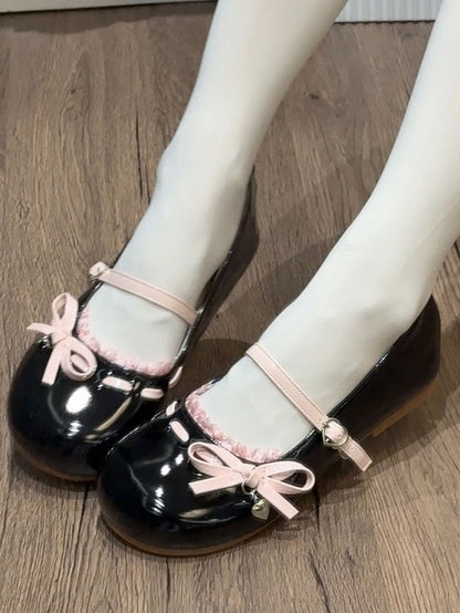 Trim Janes Bow Round Lace Knotted Mary Black Toe Flat Accents Pink