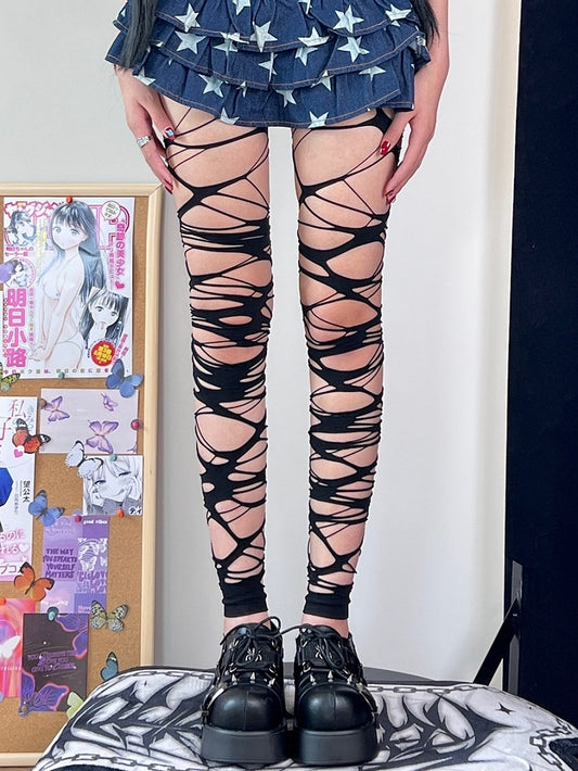 Long Stockings Asymmetrical Details Y2K Cut-out Over-knee Black/White Design Version