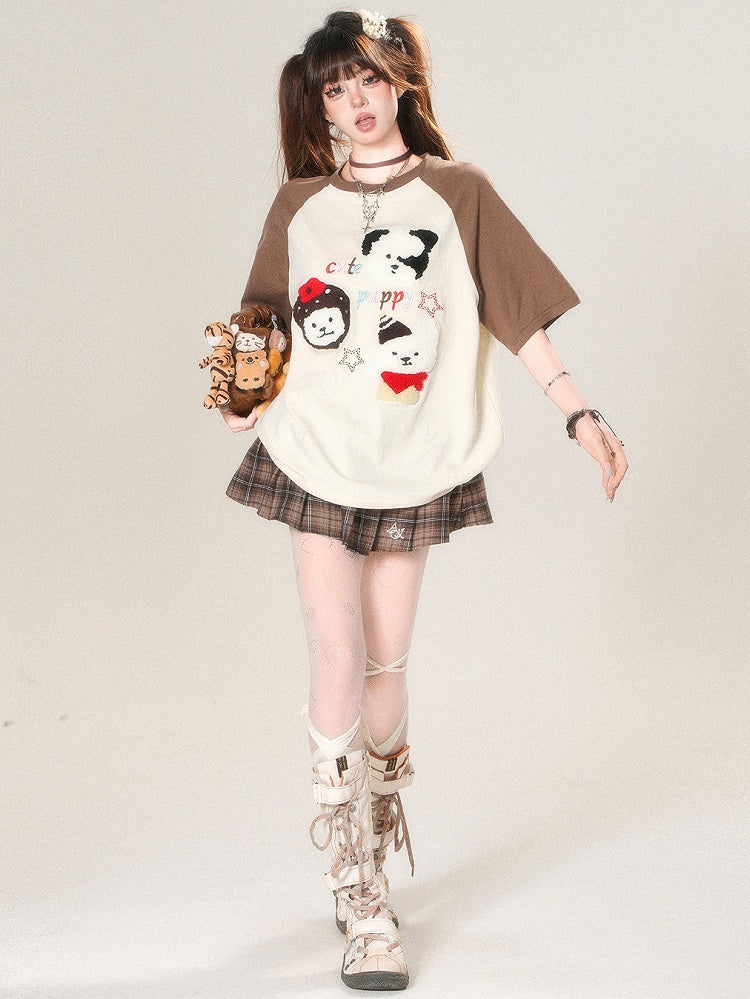 T-shirt Plush Kawaii Beige/Blue Puppy Letter Applique Embroidery Daily