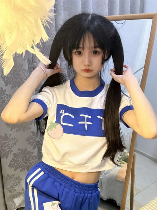 Klein Blue Round Neck Strawberry Cropped Top
