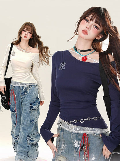 Apricot/Royal Blue Lace Accents Asymmetrical Neckline Slim-fit Top