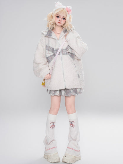 Milk White Plaid Bowknot Details Bears Ears Fleece Zip Hoodie