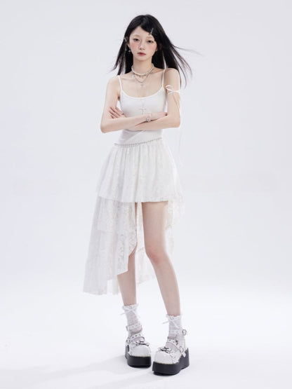 Waist and White Asymmetrical Waistline Lace Hem Slip Dress with Chain Free