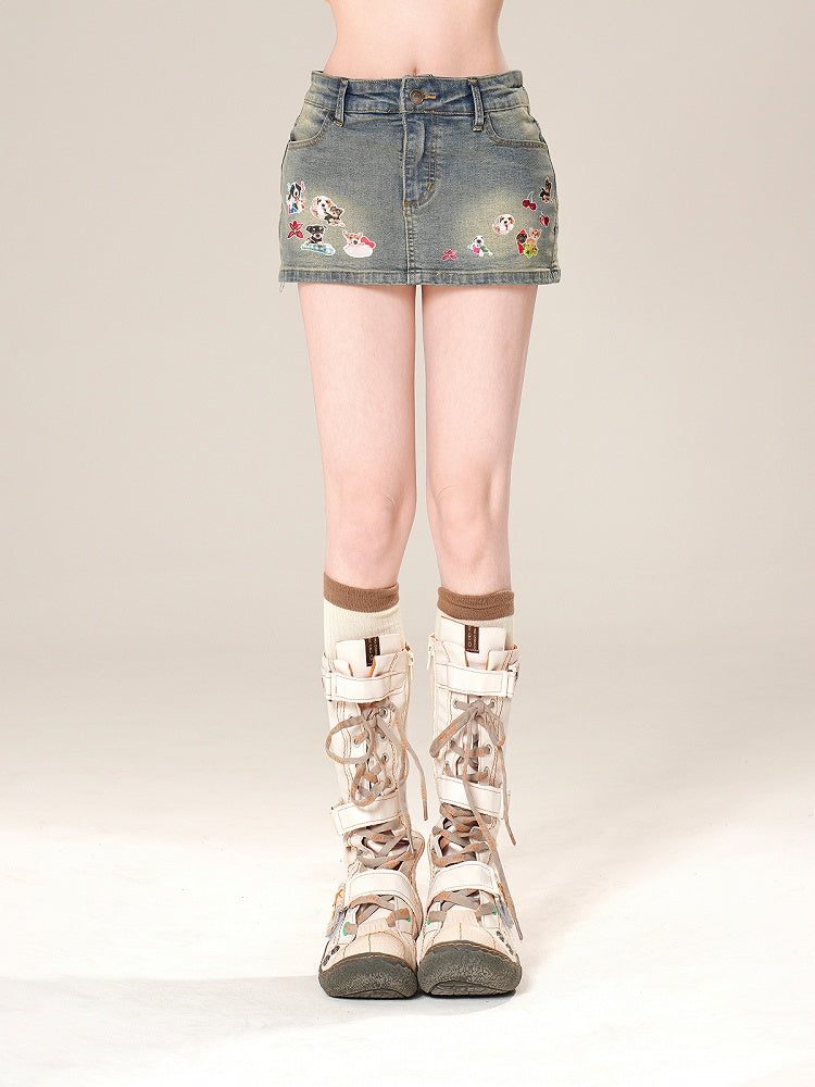 Denim Skirt Bodycon Mini Adorable Puppy Print Blue