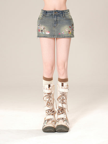 Denim Skirt Bodycon Mini Adorable Puppy Print Blue