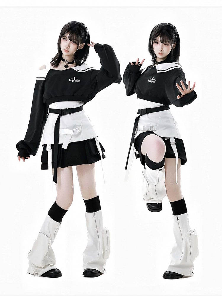 Zipper Black and Techwear Flared Leg Warmers White Drawstring Cuffs Detail
