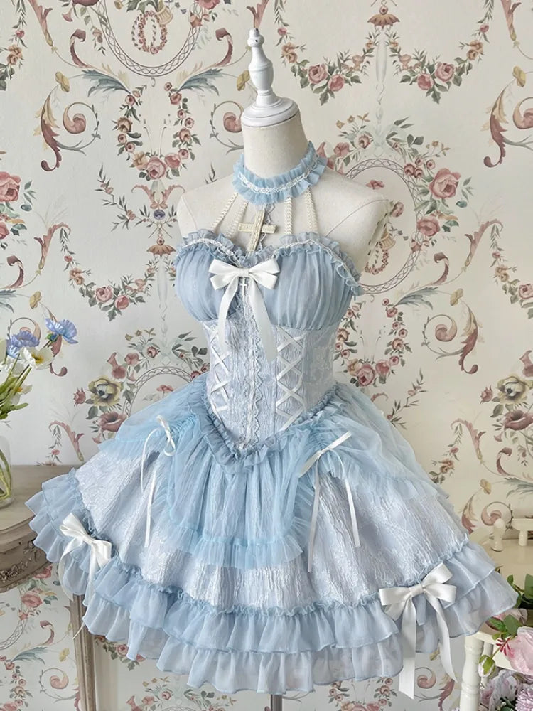 Cross Belle Blue Lolita Corset DressHalter Neck Balletcore JSK