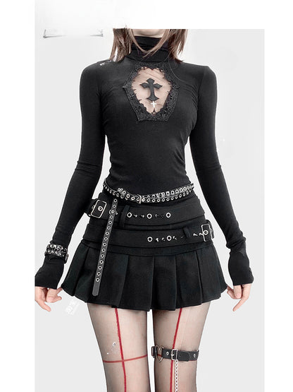 Black Buckle Belt with Stud Details Pleated Skirt with Tights