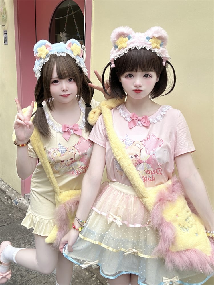 Adorable Teddy Bear Print Bowknot Ruffled Dress Neckline Embellished Pink/Yellow Mini