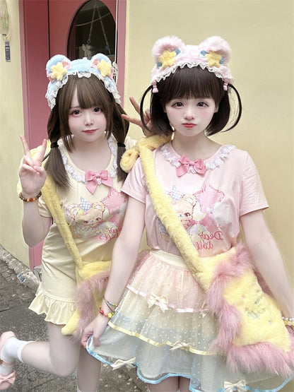 Adorable Teddy Bear Print Bowknot Ruffled Dress Neckline Embellished Pink/Yellow Mini