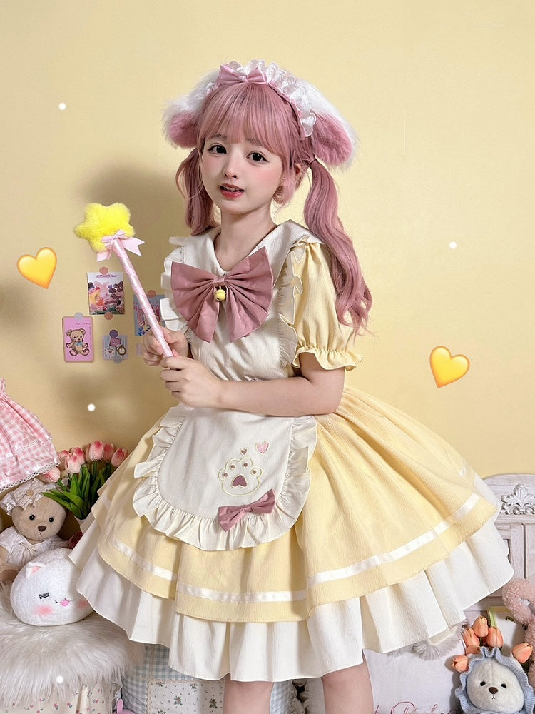 Yellow Sweet Maid Lolita Kitty Paw Apron Dress