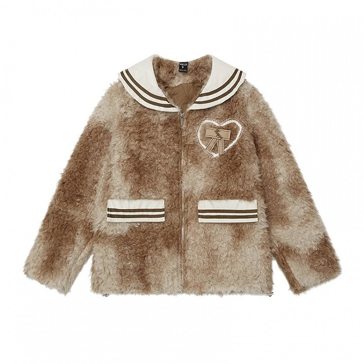 Black/Brown Sailor Collar Bowknot Details Fleece Jacket