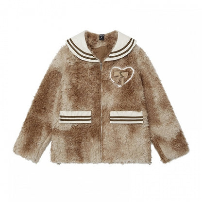Black/Brown Sailor Collar Bowknot Details Fleece Jacket
