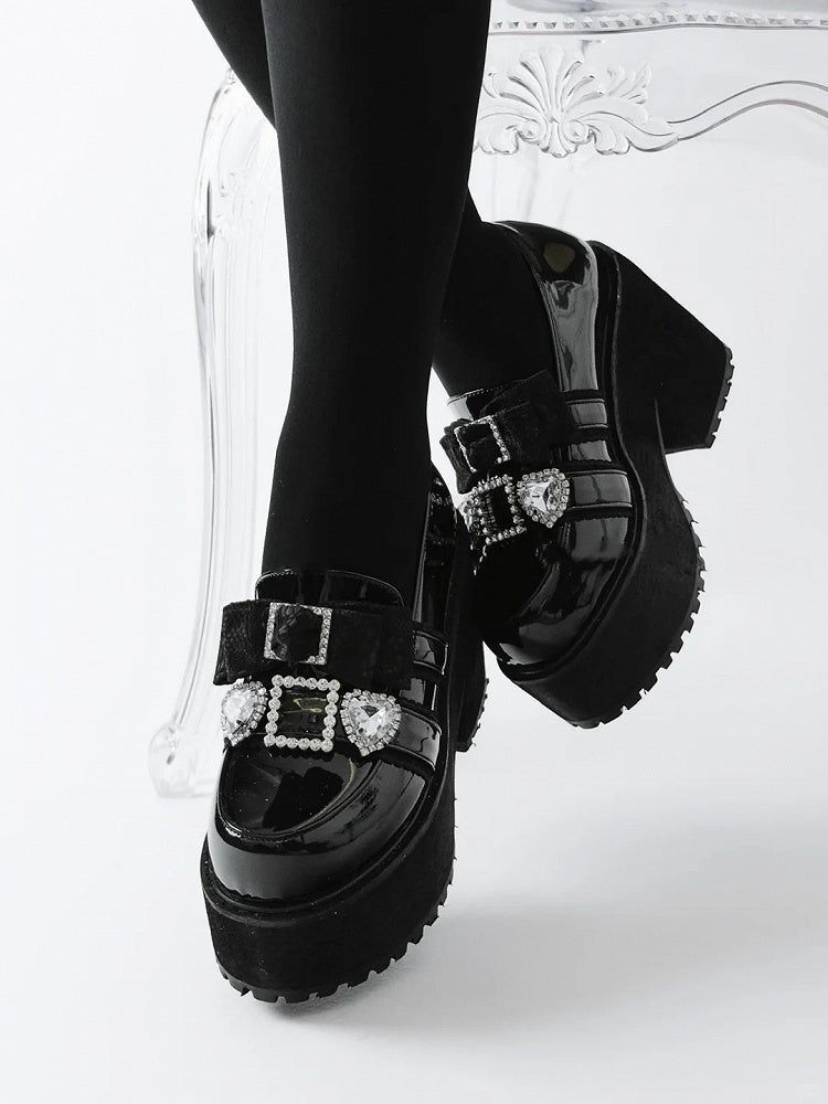 Jirai 10cm Pointed-Toe Loafers Polished Black Rhinestone Kei in Bow Platform with Heel Sweetheart