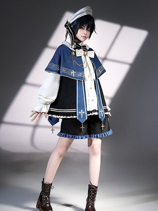 with and Top Set Musical Note Lolita Capelet + White Ouji Embroidered Blue Full Shorts