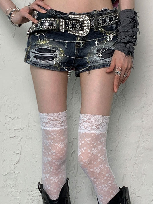 Bittersweet Stockings Floral Y2K Lace Overknee Trim White Pattern