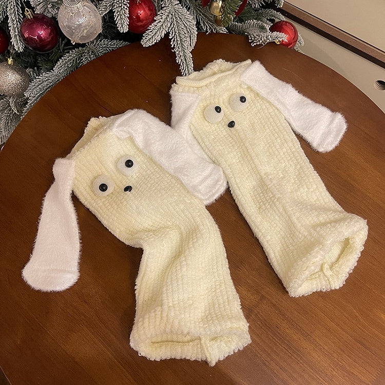 Jambières en peluche blanches/noires/marron avec oreilles de chiot