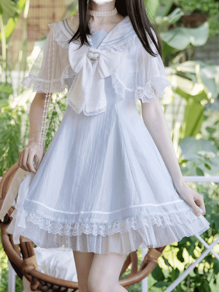 with Cape Light Blue Jirai Kei Sailor Collar Lace Dress Design Bowtie