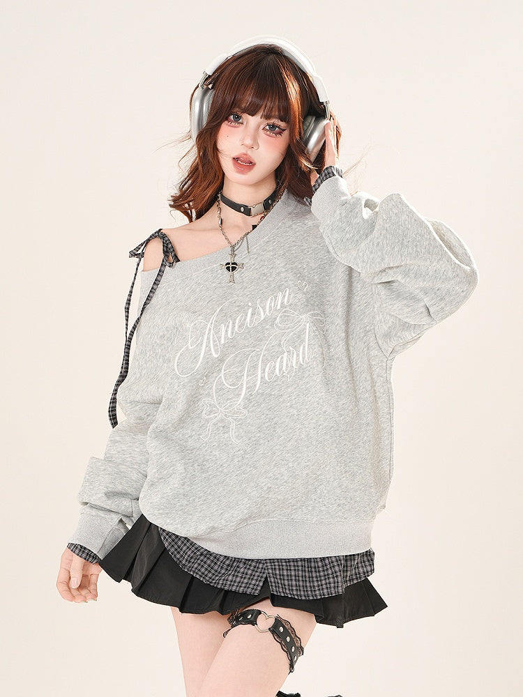 Sweatshirt zum Binden, asymmetrischer Ausschnitt, karierter Saum, schwarz/grauer Schultergurt