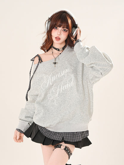 Sweatshirt zum Binden, asymmetrischer Ausschnitt, karierter Saum, schwarz/grauer Schultergurt