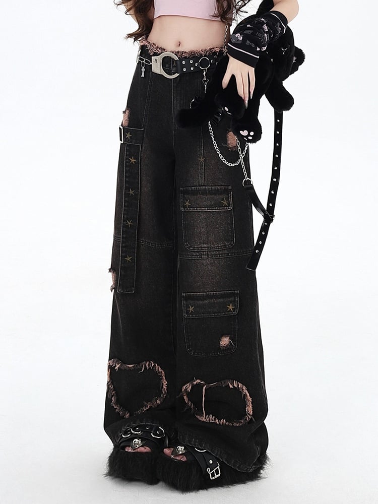 Black Distressed Holes Y2K Wide-leg Cut Jeans