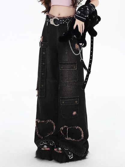 Black Distressed Holes Y2K Wide-leg Cut Jeans