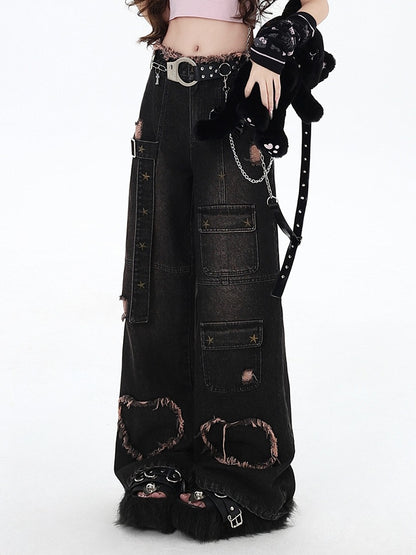 Holes Wide-leg Black Cut Distressed Y2K Jeans