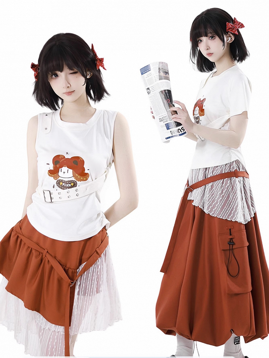 White Cartoon Print Cotton Tank Top with Detachable Buckle Strap