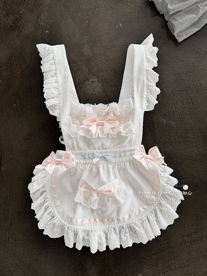 Blue and Pink Sweet Maid Apron + Basque Waist Tiered Ruffles Hem Strapless Puffy Dress