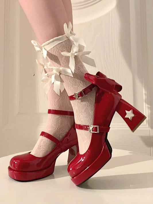 Buckles Decorative Starry Jane Shoes and with Back Wine Night Star Y2K Platform Moon Red - Mary Bow