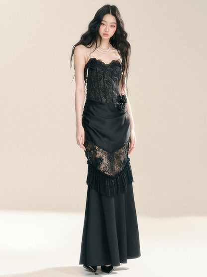 Black Floral Lace Corset Bodice Patchwork Dress Evening Gown